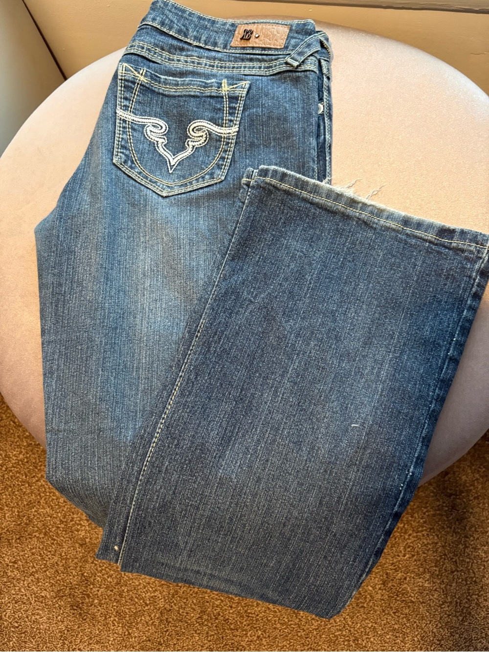 Classic Boot Cut Women's Jeans in Medium Blue with Embroidered Pocket
